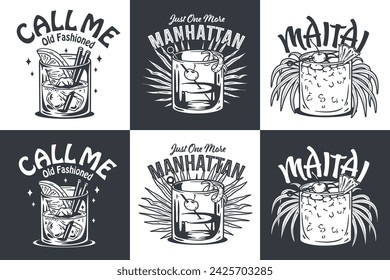 Monochrome Mai Tai Cocktail und Manhattan Cocktail Vektor-Set mit Scheibe aus Ananas und Kirsche für Cocktail-Bar oder Sommer-Party. Exotische Cocktailkollektion mit Tequila für Strandbar und Café-Menü.