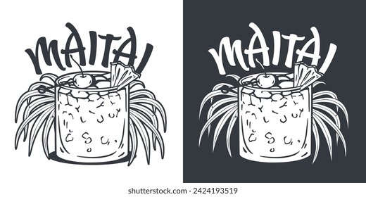 Monochrome Mai Tai cocktail vector with slice of pineapple and cherry for cocktail bar or drink summer party. Exotic cocktail with tequila for beach bar and cafe menu.