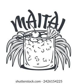 Monochrome Mai Tai cocktail vector with slice of pineapple and cherry for cocktail bar or drink summer party. Exotic cocktail with tequila for beach bar and cafe menu.