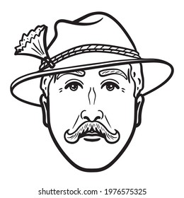monochrome man head with hat and mustache. comic, outline.
