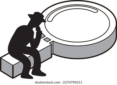 A monochrome man sitting on a magnifying glass and thinking