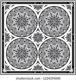 Monochrome mandala background.Oriental vector scarf,seamless traditional,ethnic pattern,symmetric texture,shawl illustration.