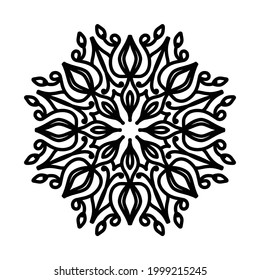 Monochrome mandala, black and white ethnic pattern, round indian ornament, vintage print, for meditation, adult coloring book. Stock vector image, illustration on white background, isolated