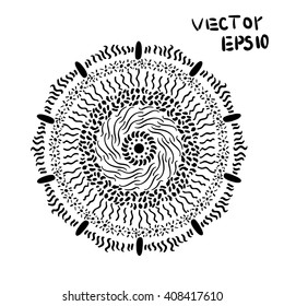 Monochrome mandala. Circular ornament ancient painting. Black isolated illustration of the ancient pattern of spots and lines.