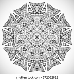 Monochrome mandala geometric ornament, stylized doodle sketch floral pattern. Hand drawn art background for coloring book. Tribal ethnic decoration, arabic indian motif, isolated design element