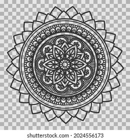 Monochrome mandala ornament outline pattern. Indian geometric art graphic for meditation. Isolated vector illustration.