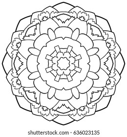 Monochrome mandala. Symmetrical pattern in the circle. Illustration for the album. Eastern ornamental ornament. Beautiful outline for coloring.