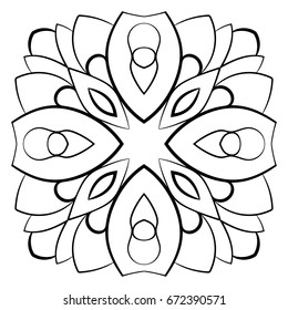 Monochrome mandala. Symmetrical pattern in the square. Contour illustration for color book. A simple drawing for scrapbook. Template for coloring. Stylized boats.