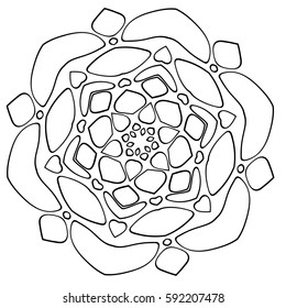 Monochrome Mandala. The template for the album. Symmetrical ornament for color books. Beautiful outline for coloring. Composition of stones. Element for creating a landscape. Stylized cauliflower.