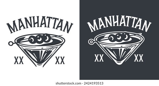 Monochrome manhattan cocktail, old fashioned with whiskey, vermouth and cherry for design of bar menu. Alcohol cocktail for drink party or tee print.
