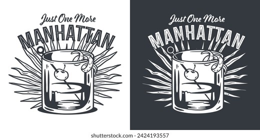 Monochrome manhattan cocktail, old fashioned with whiskey, vermouth and cherry for design of bar menu. Alcohol cocktail for drink party or tee print.