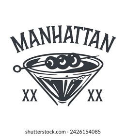 Monochrome manhattan cocktail, old fashioned with whiskey, vermouth and cherry for design of bar menu. Alcohol cocktail for drink party or tee print.