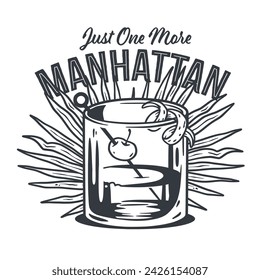 Monochrome manhattan cocktail, old fashioned with whiskey, vermouth and cherry for design of bar menu. Alcohol cocktail for drink party or tee print.