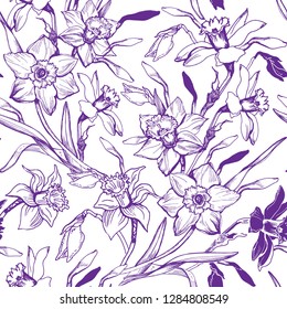 Monochrome manual graphic seamless pattern with hand drawn flowers narcissus. Contour floral realistic sketch on white background. Design for textile, fabric, wallpaper, packaging. Vector Illustration