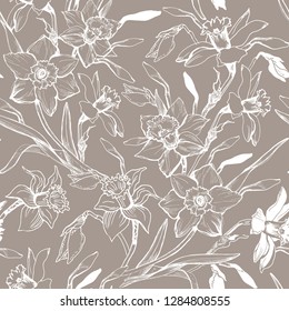 Monochrome manual graphic seamless pattern with hand drawn flowers narcissus. Contour floral realistic sketch on beige background. Design for textile, fabric, wallpaper, packaging. Vector Illustration