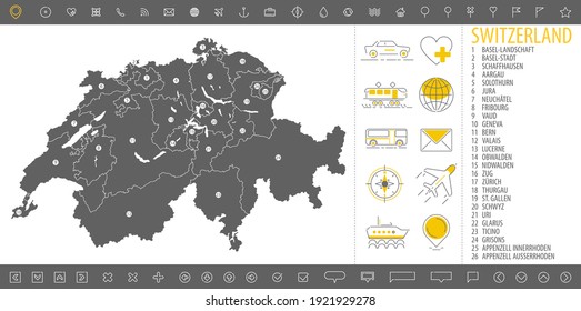 Monochrome map of Switzerland, gray territory of the country with geographical borders and administrative divisions on white background, travel icons set, detailed vector illustration