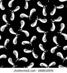 Semillas de arce monocromo sin fisuras. Fondo vectorial repetible con formas botánicas planas de estilo retro sobre fondo oscuro.