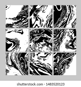 Monochrome marble ink vector textures backgrounds set. Abstract backdrop for social media posts or stories. Paint mixing, fluid art. Modern art book, magazine cover, poster, flyer vector mockup 