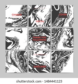 Monochrome marble ink vector textures backgrounds set. Abstract backdrop for social media posts or stories. Paint mixing, fluid art with place for text. Modern art book, magazine cover, poster, flyer 