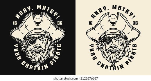Monochrome marine label for t-shirts with pirate face wearing hat and eye patch isolated vintage vector illustration