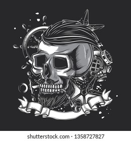 Monochrome marine vector illustration in vintage style.