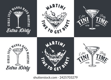 Monochrome Martini-Cocktail-Vektor-Set mit Oliven und Spritzer für Alkohol für Cocktail-Bar oder Getränke-Party. Margarita oder Martini-Kollektion für Logo oder Tee-Druck von Barkeeper oder Barmann.