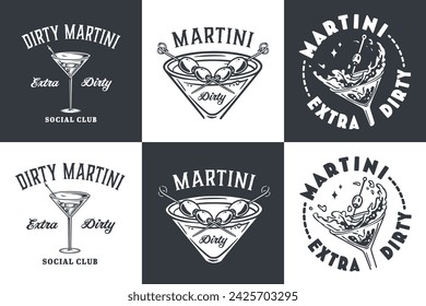 Monochrome martini cocktail vector set with olive and splashes for alcohol for cocktail bar or drink party. Margarita or martini collection for logo or tee print of bartender or barman.