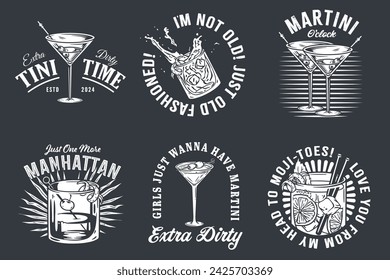 Monochrome martini cocktail vector set with olive and splashes for alcohol for cocktail bar or drink party. Old fashioned or Manhattan cocktail collection for logo or tee print of bartender or barman.