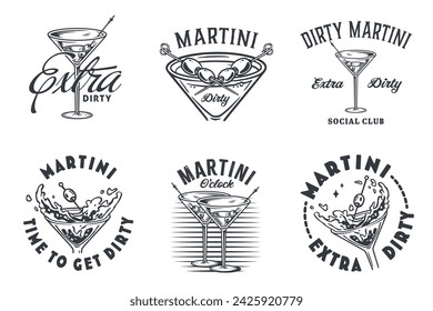 Monochrome martini cocktail vector set with olive and splashes for alcohol for cocktail bar or drink party. Margarita or martini collection for logo or tee print of bartender or barman.