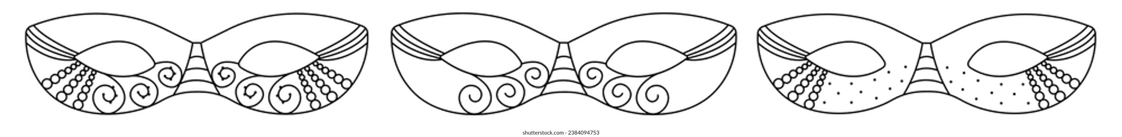 Monochrome masquerade masks set, black line vector illustration collection