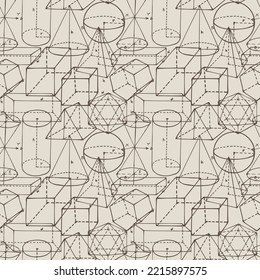 Monochrome math seamless pattern with hand-drawn geometrical figures. Vector repeating background with sketches on a theme of school education or science. Wallpaper, wrapping paper or fabric design