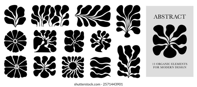 Monochrome Matisse Curves. Set of Minimal Organic Flower Shapes and Groovy Abstract Nature Symbols