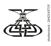 Monochrome maze shape. Twisted tunnel figure. Bold path vector. Curved puzzle lines.
