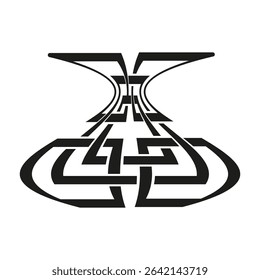 Monochrome maze shape. Twisted tunnel figure. Bold path vector. Curved puzzle lines.