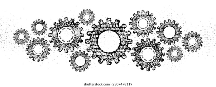 Monochrome mechanical vector background frame. Texture of gears made of plexus dots. Pattern of linear particles, circles, spheres. Banner for presentation, technology, medicine, business.	
