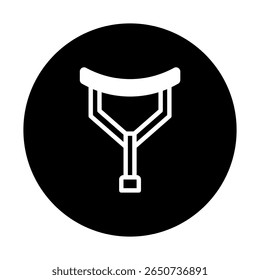 Monochrome medical aid icon showcasing a white crutch within a black circular frame design element