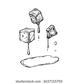 Monochrome melting ice cube with falling drops and water puddle vector illustration. Crystal freezer brick in clear liquid black and white sketch. For cocktail packaging, refreshing summer concept.