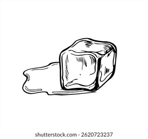 Cubo de gelo derretendo monocromático com propagação de água poça vetor ilustração pintado por tintas pretas. Desenho gravado de bloco de gelo descongelante para infográfico científico sobre transições de fase, imagem de verão.