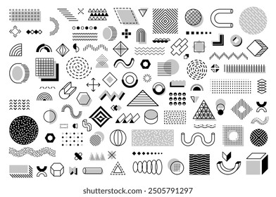 Monochrome Memphis geometric shapes and elements in black and white colors. Vector set featuring abstract patterns, lines, forms, includes cubes, circles, triangles and dots with eclectic aesthetic