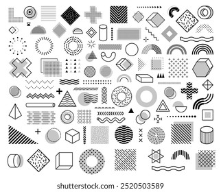 Formas geométricas de emphis monocromáticas. Conjunto vetorial de círculos, quadrados, triângulos e pontos, linhas, ondas, cruzes e cilindros com pirâmides. Elementos ou figuras de estilo abstratos retrô dos anos 80