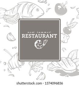 Monochrome menu for your summer restaurant, fish and meat dishes, vector template