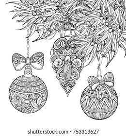 Monochrome Merry Christmas Illustration, Floral Motifs. Balls and Bows Decorations on the Tree. Holiday Background in Doodle Line Style. Coloring Book Page. Vector Contour Art with Realistic Shadows