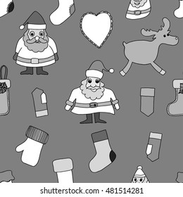 Monochrome Merry Christmas. Seamless pattern. Abstract background. Holiday ornament. Season decoration. New year template.  Winter decorate. Santa Claus, reindeer, toy, Xmas tree, greeting