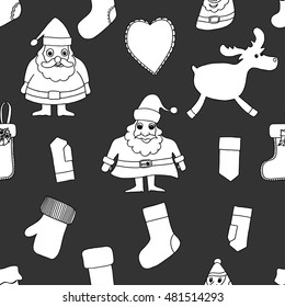 Monochrome Merry Christmas. Seamless pattern. Abstract background. Holiday ornament. Season decoration. New year template.  Winter decorate. Santa Claus, reindeer, toy, Xmas tree, greeting