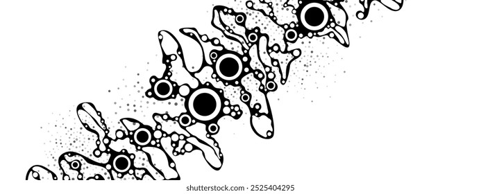 Quadro de fundo de malha monocromática. A Internet é uma web. Dança. Comunicação de pessoas. Pôster para medicina, tecnologia, negócios. Textura de círculos caóticos, pontos. Сcaminho osmico. Movimentos aleatórios. Vetor