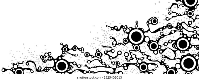 Monochrome mesh background frame. Texture of chaotic circles, dots. Сosmic path. Internet is a web. Dance. Communication of people. Poster for medicine, technology, business. Random movements. Vector