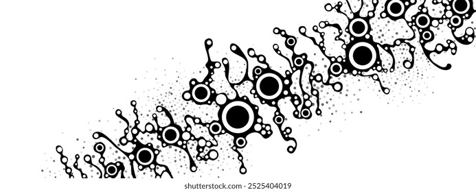 Monochrome mesh background frame. Texture of chaotic circles, dots. Сosmic path. Internet is a web. Dance. Communication of people. Poster for medicine, technology, business. Random movements. Vector