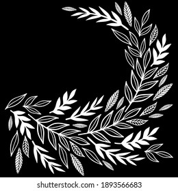 Monochrome messy linear leaves half wreath centerpiece. Decorative vector background with retro style flat botanical shapes on dark background. svg