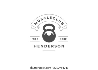 Monochrome metallic heavy weight fitness center equipment with ribbon logo design template vector illustration. Sports gym athletic club for training bodybuilding powerlifting decorative mark emblem
