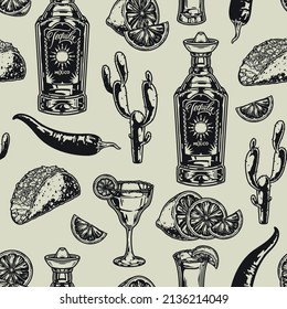 Monochrome mexican drink vintage seamless pattern with closed bottle with sun on label, thorny cactus, margarita glass with salt on rim and lime slice, tequila shot, street taco and chili pepper